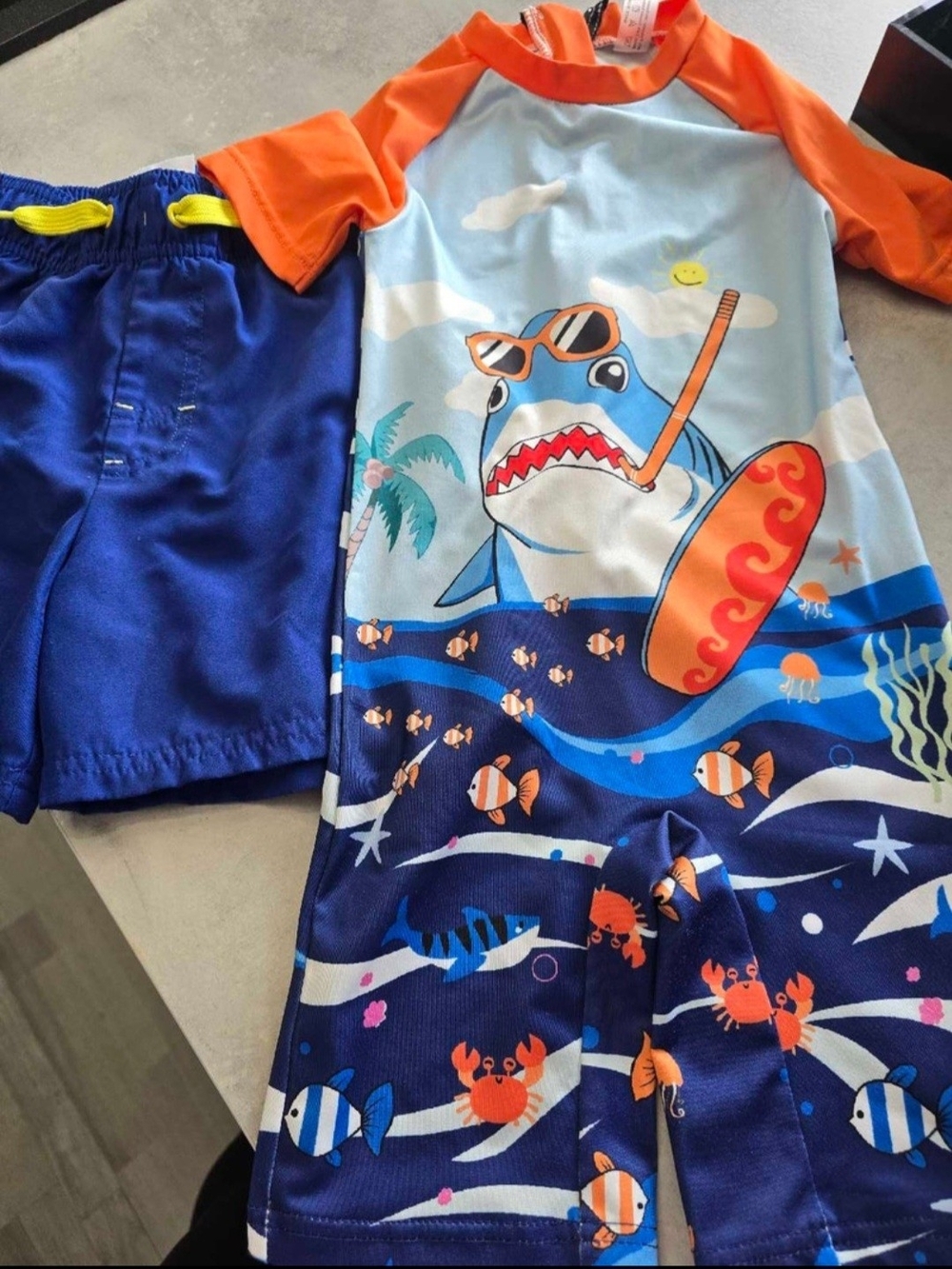 Kids Blue & Orange Shark Rash Guard Swim Set